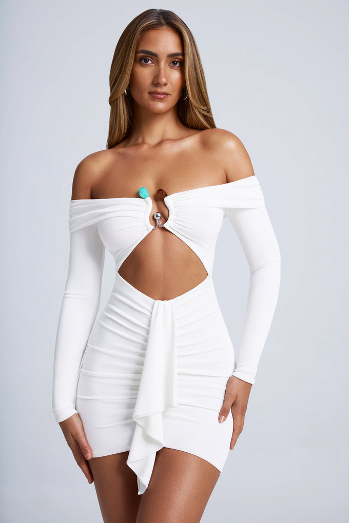Hardware Detail Off-Shoulder Cut-Out Mini Dress in White