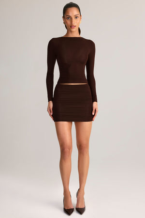 Modal Ruched Mid-Rise Mini Skirt in Chocolate Brown