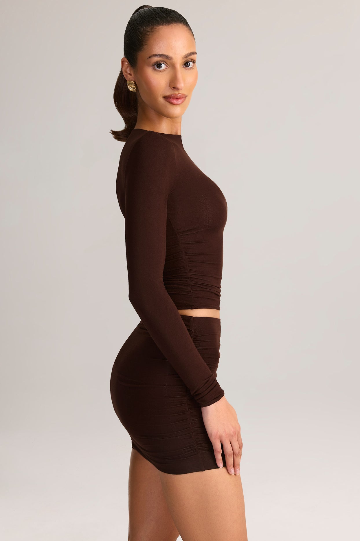 Modal Ruched Mid-Rise Mini Skirt in Chocolate Brown - 3