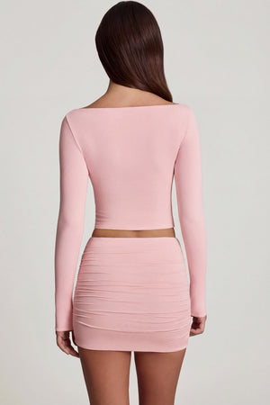 Oh Polly's Roberta wearing the Cali Mini Skirt in Pink Modal fabric perfect for brunch with friends