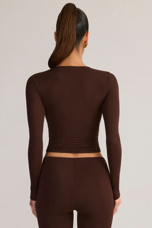 Modal Ruched Long-Sleeve Top in Chocolate Brown