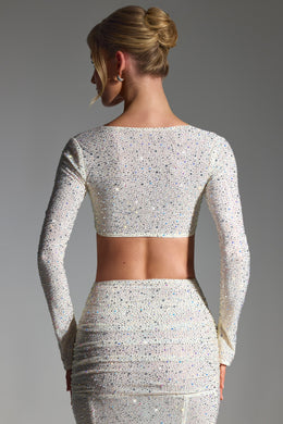 Embellished Long-Sleeve Crop Top in White