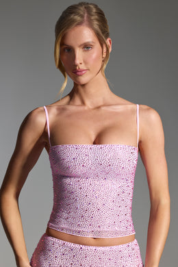 Embellished Square-Neck Top in Peony Pink
