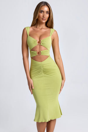 Modal Ruched Hardware Detail Cut-Out Midaxi Dress in Olive Green Modal Ruched Hardware Detail Cut-Out Midaxi Dress in Olive Green