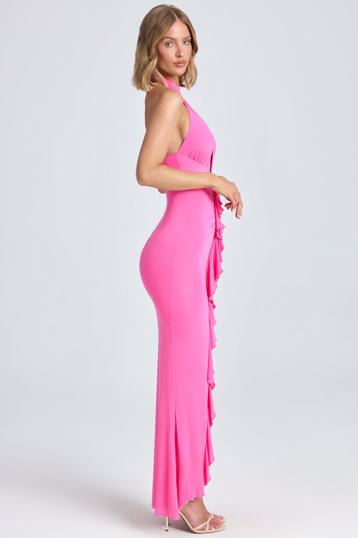 Halterneck Ruffle-Trim Gown in Lollipop Pink