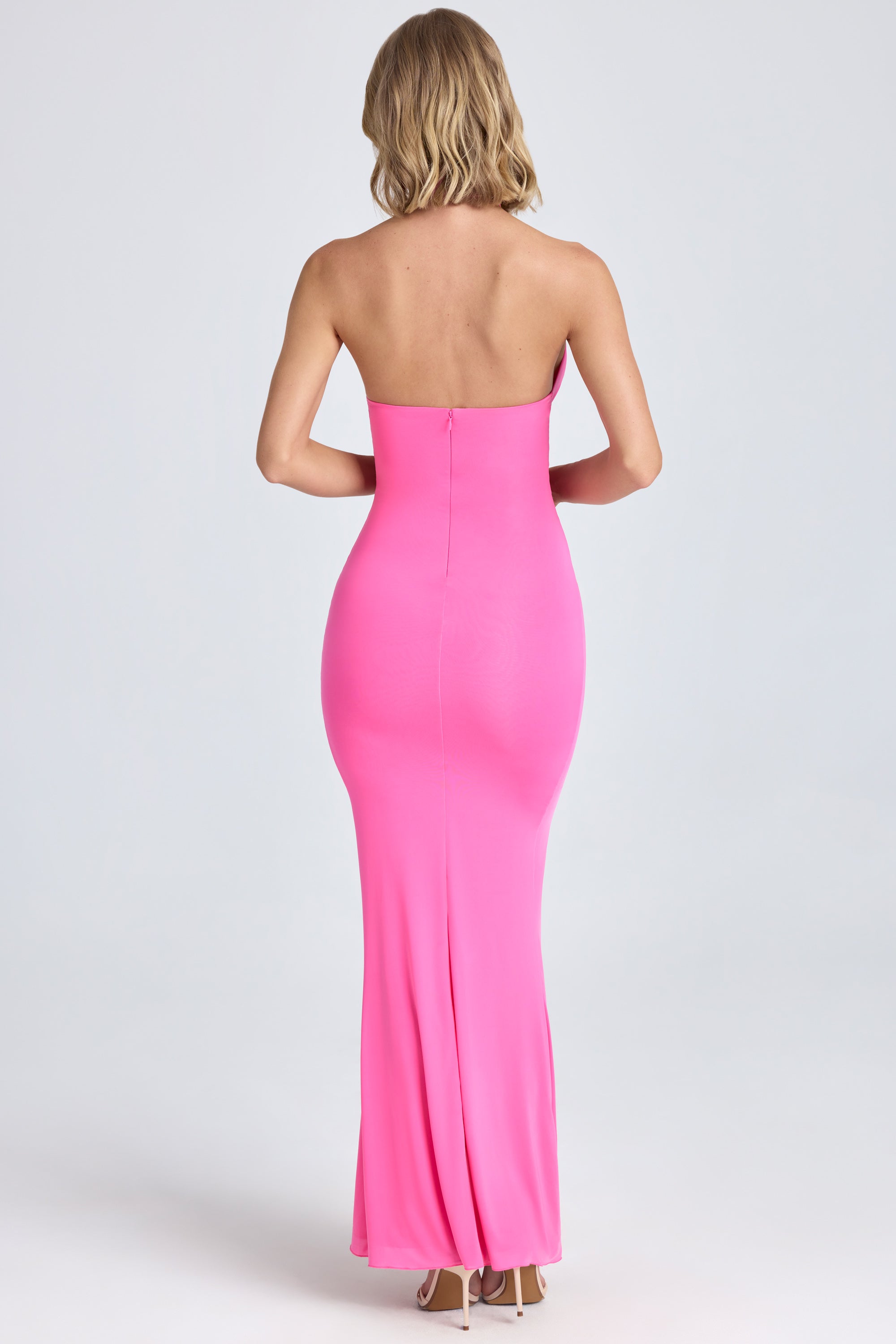 Halterneck Ruffle-Trim Gown in Lollipop Pink