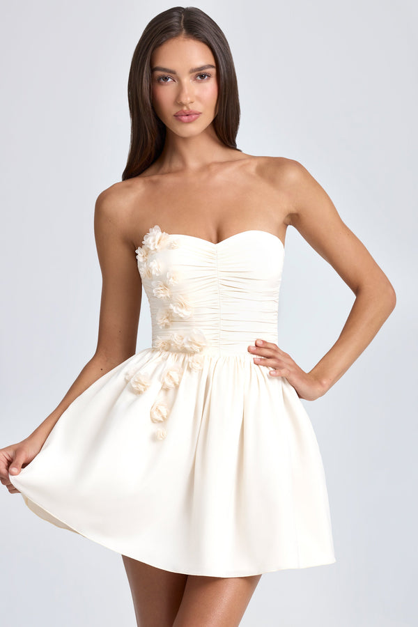 Bandeau Floral-Appliqué Corset Mini Dress in Ivory - 1