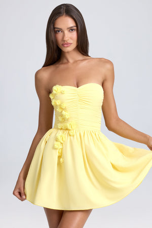 Bandeau Floral-Appliqué Corset Mini Dress in Lemon Sherbet