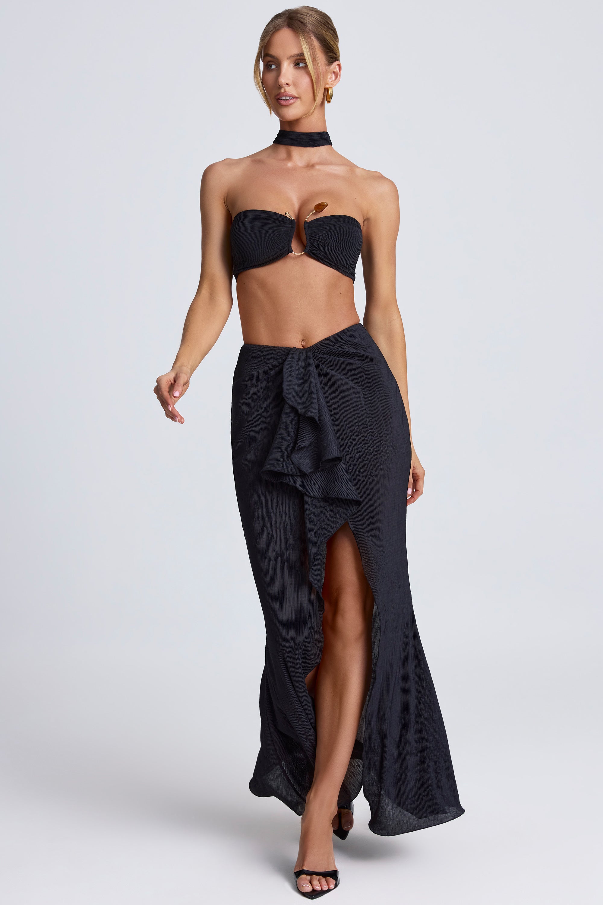 Ondine Ruffle-Trim Maxi Skirt in Black | Oh Polly