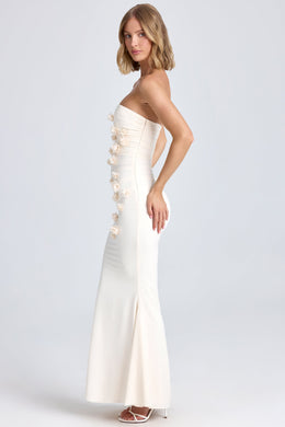 Draped Floral-Appliqué Maxi Dress in Ivory