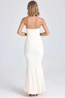 Draped Floral-Appliqué Maxi Dress in Ivory
