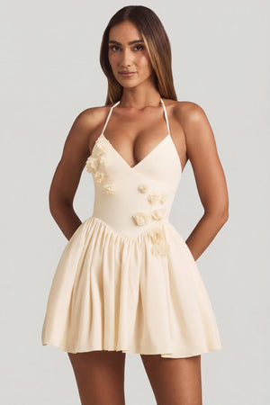 Oh Polly's Sienna wearing the Augusta Mini Dress in Ivory Chiffon fabric perfect for rooftop brunch outings