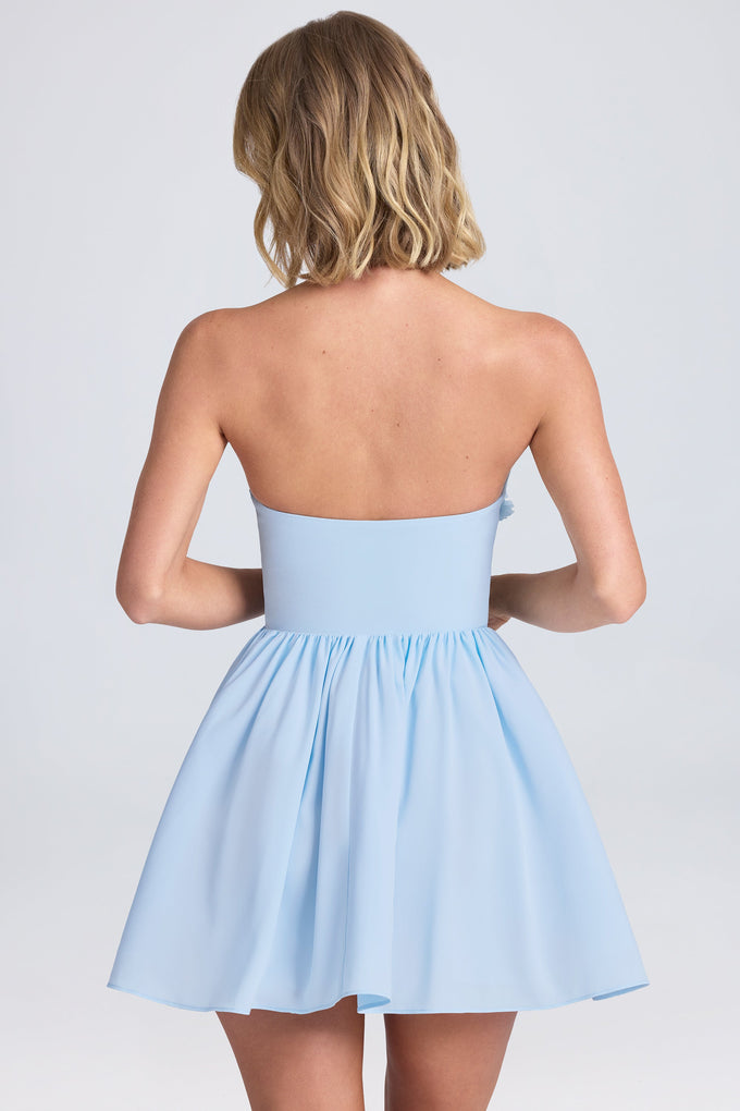 Halterneck Floral-Appliqué Corset Mini Dress in Powder Blue