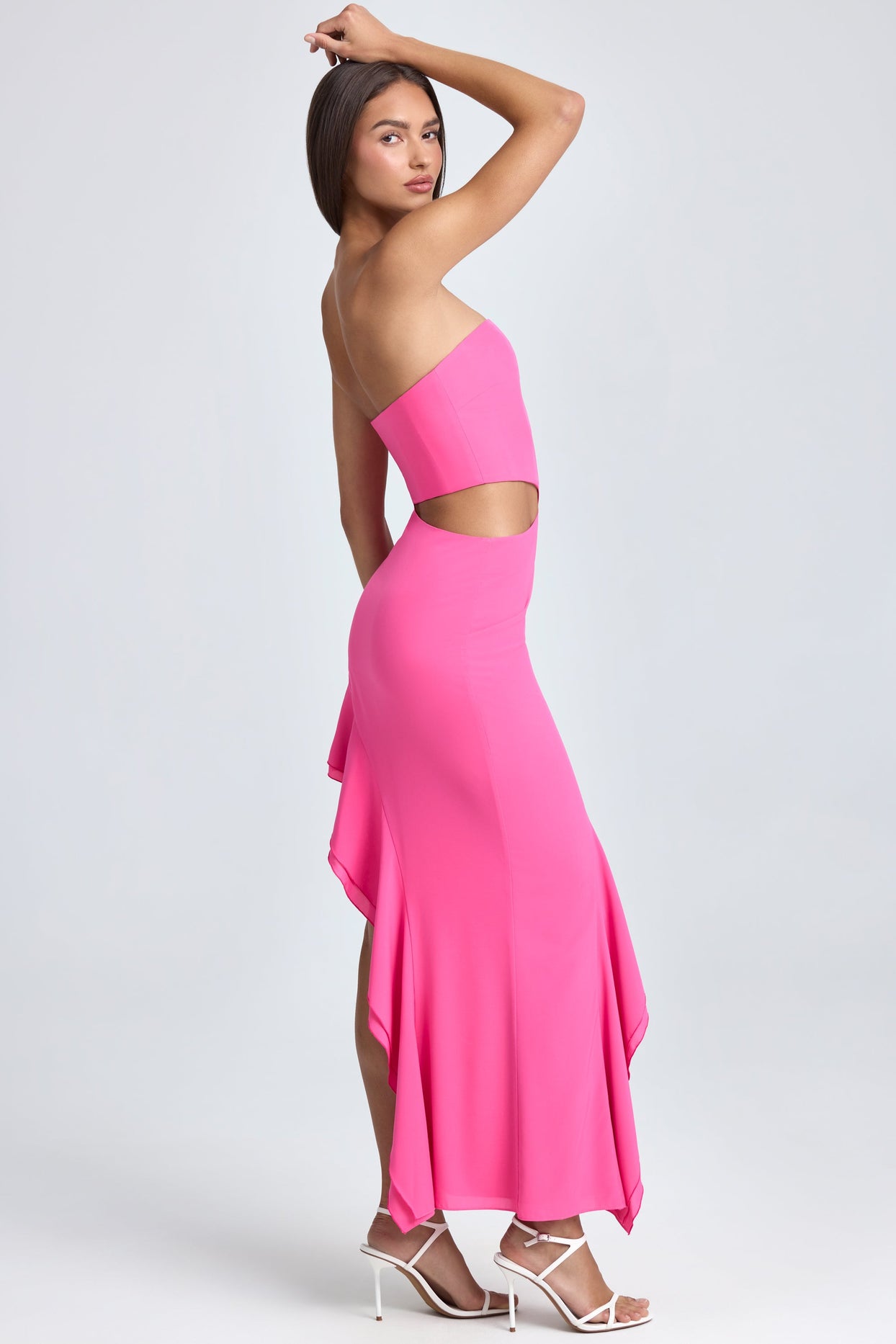 Bandeau Cut-Out Ruffle-Trim Maxi Dress in Lollipop Pink