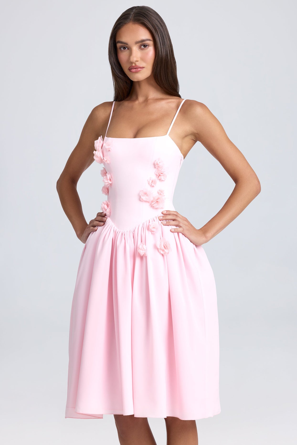 Floral-Appliqué Midi Dress in Blush
