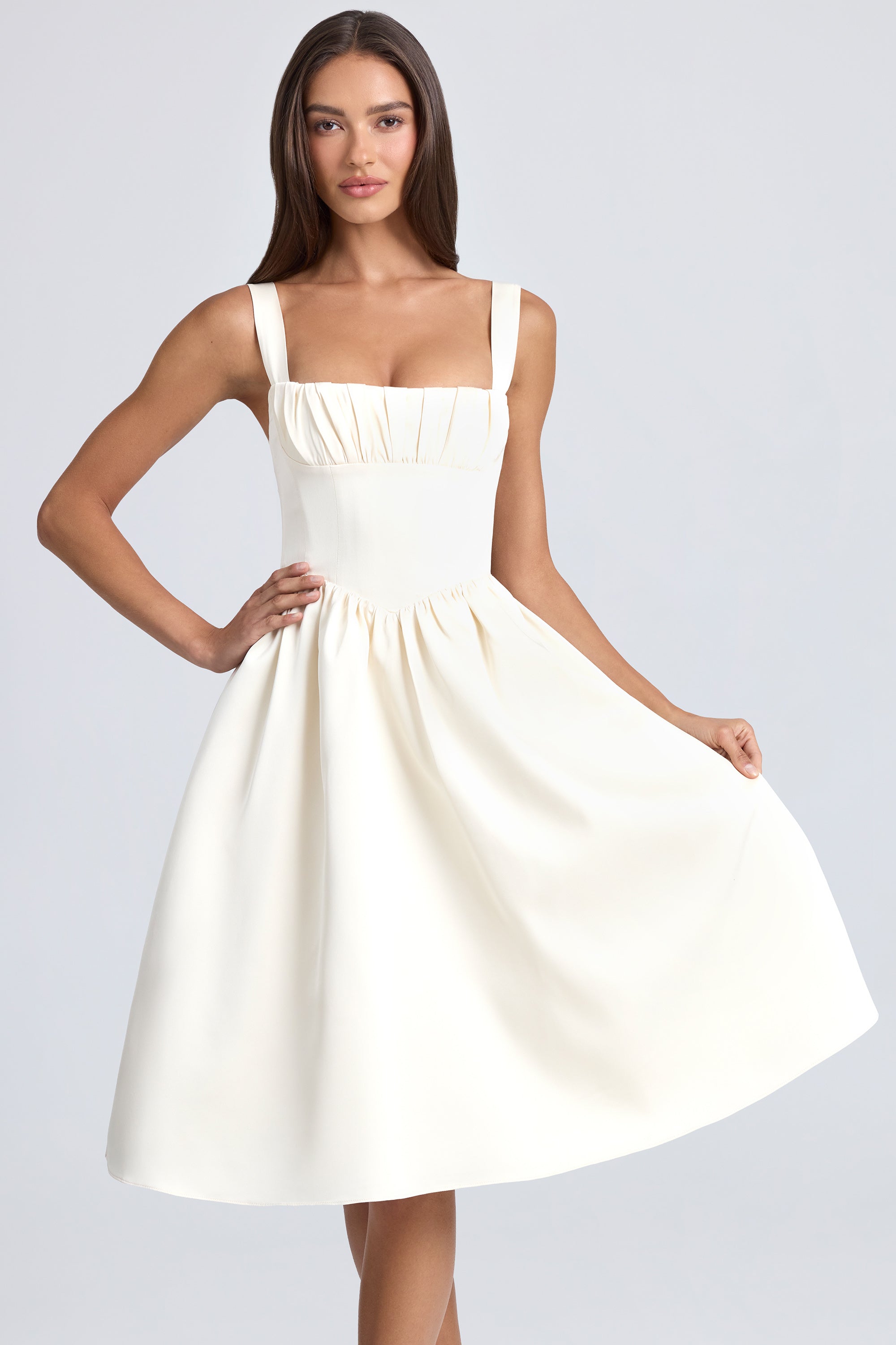 Mallory Bow-Detail Lace-Trim A-Line Midi Dress in White