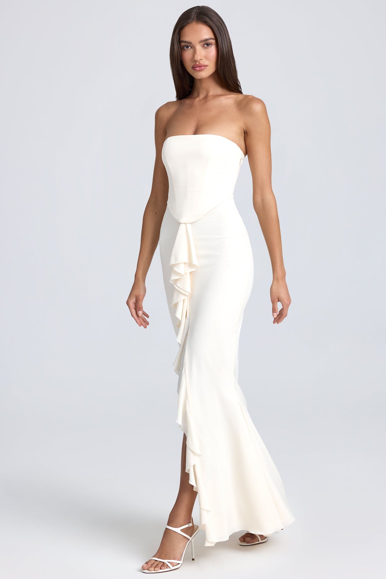 Bandeau Ruffle-Trim Corset Gown in Ivory