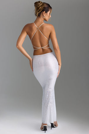 Embellished Cut-Out Backless Maxi Dress in White Embellished Cut-Out Backless Maxi Dress in White