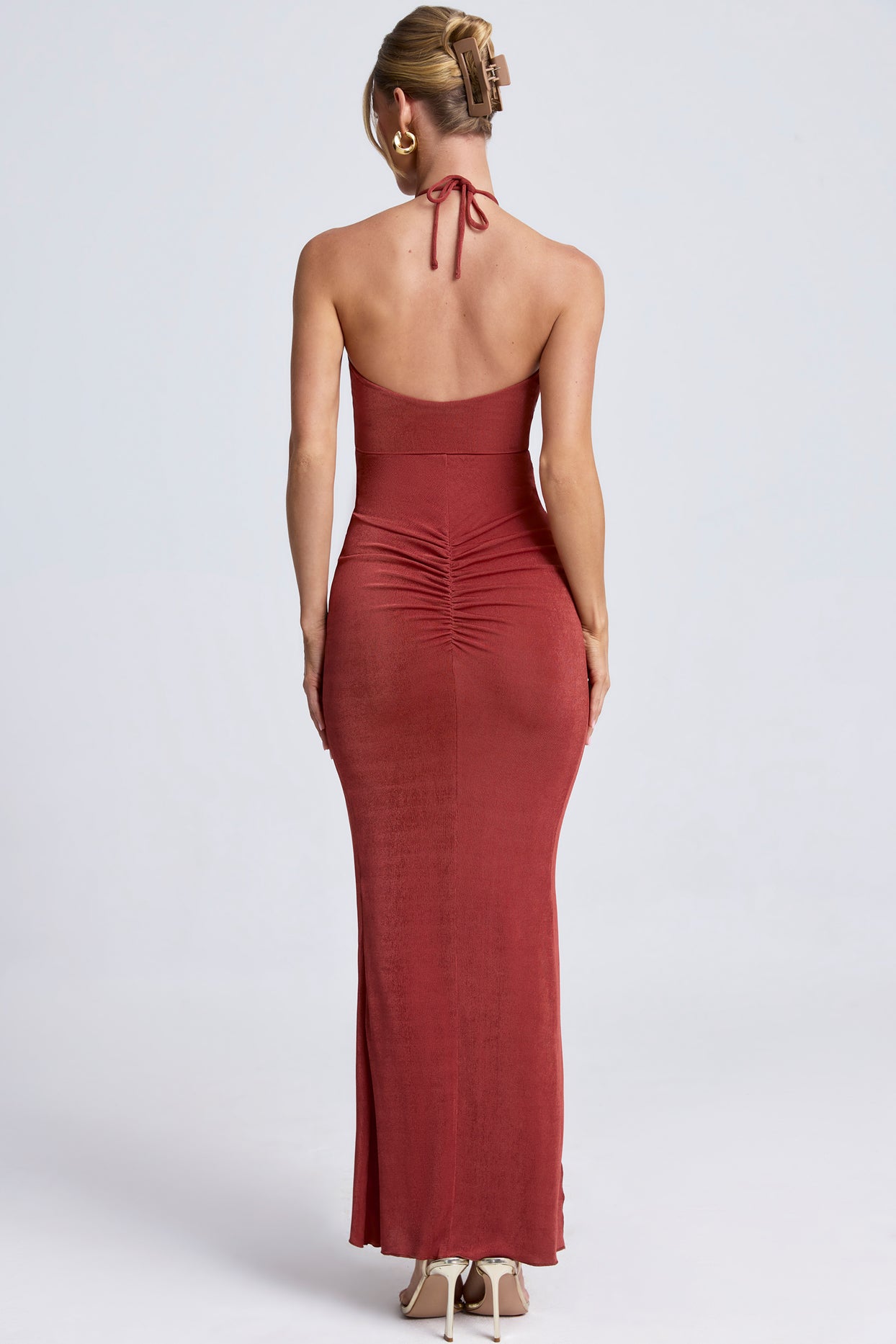 Hardware Detail Cut-Out Halterneck Maxi Dress in Auburn Brown - 14 | Oh Polly Hardware Detail Cut-Out Halterneck Maxi Dress in Auburn Brown - 14 | Oh Polly