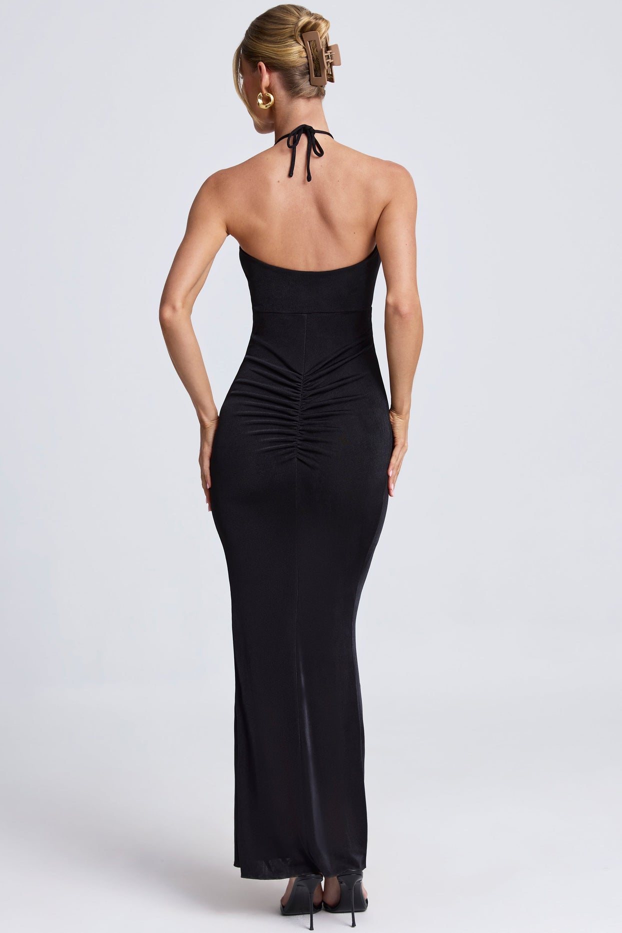 Margot Hardware Detail Cut-Out Halterneck Maxi Dress in Black | Oh Polly