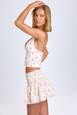 Ruffled Shirred Low-Rise Micro Mini Skirt in Small Rose Print