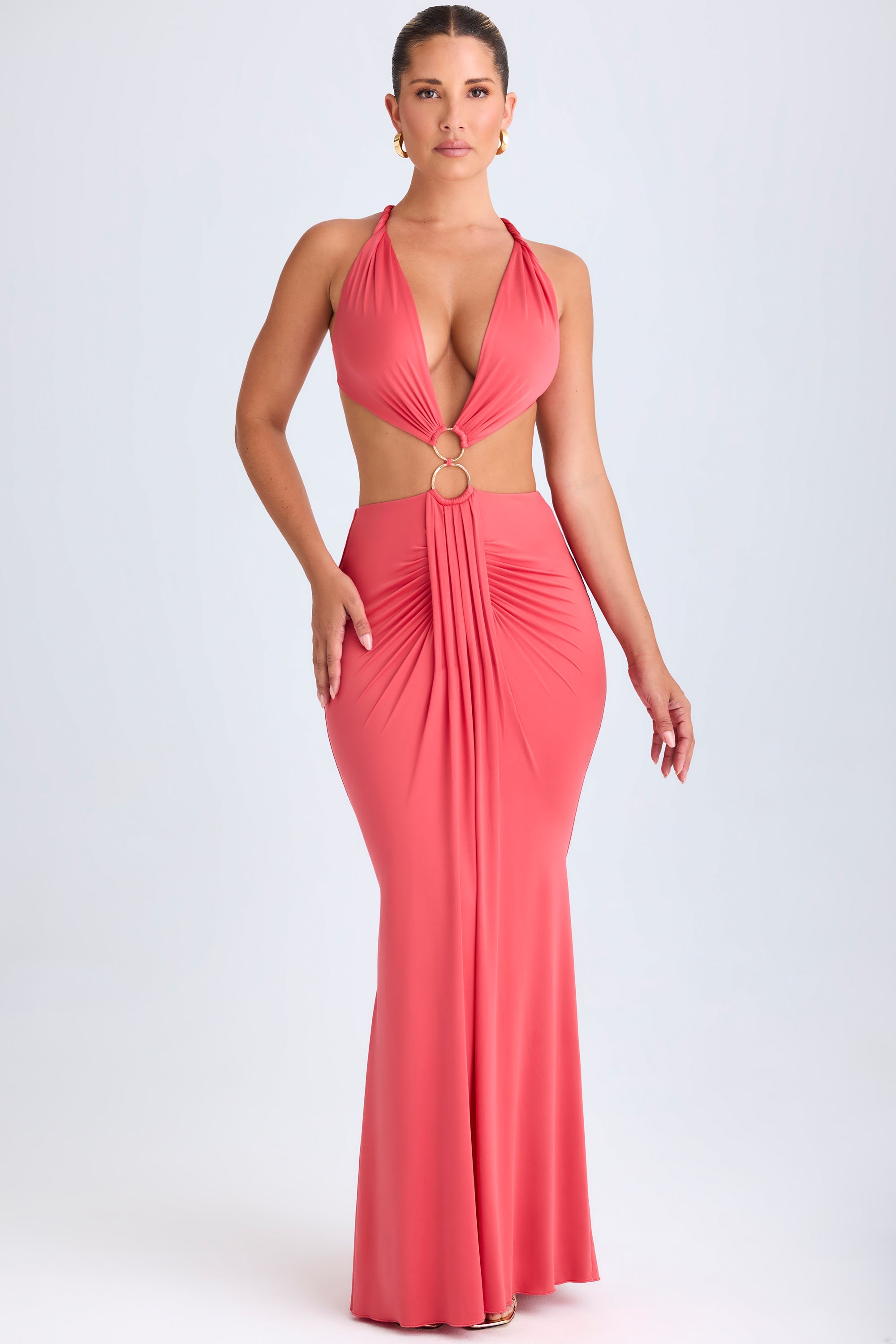 Omarosa Hardware Detail Cut-Out Halterneck Maxi Dress in Coral