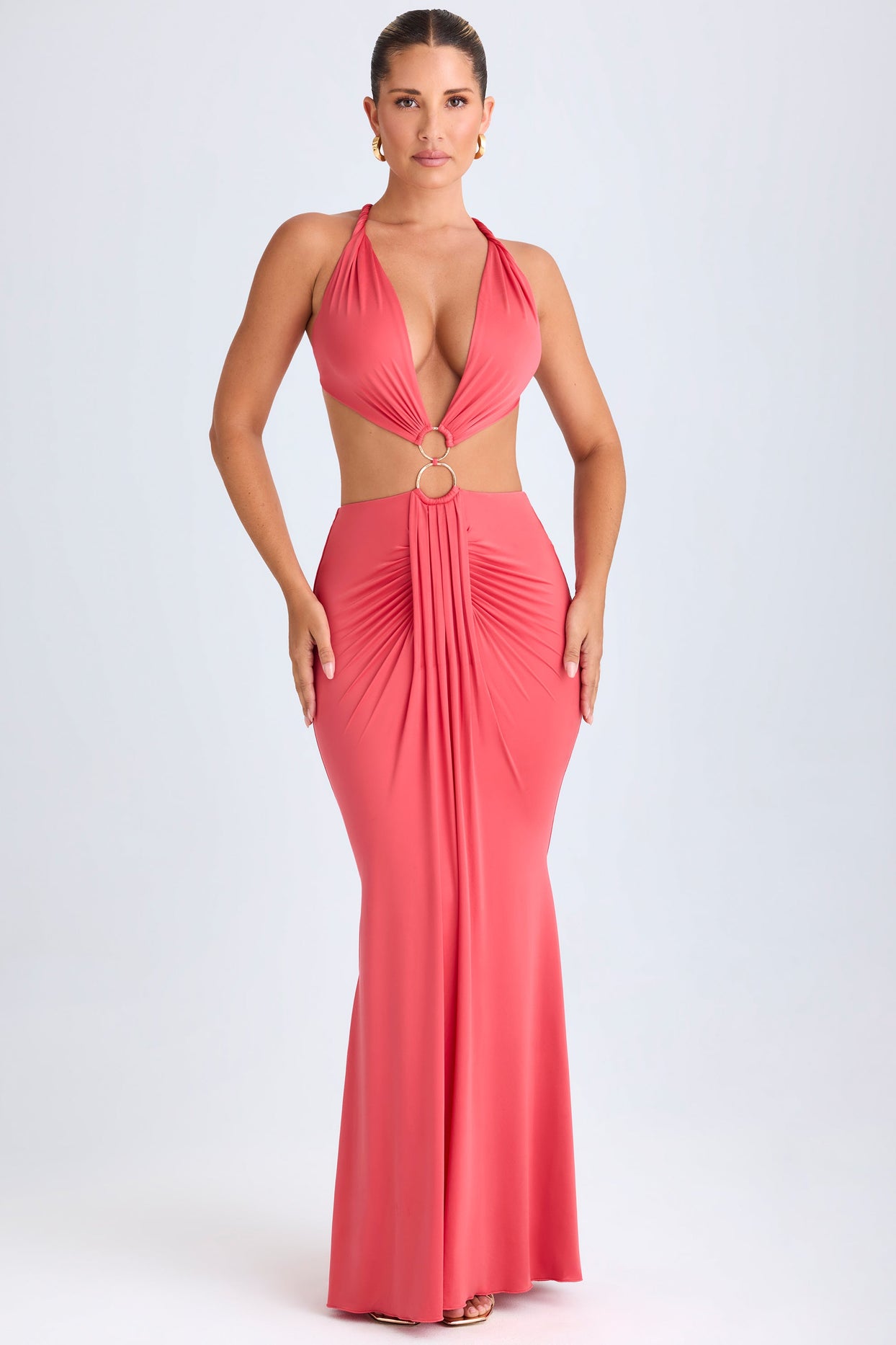 Omarosa Hardware Detail Cut-Out Halterneck Maxi Dress in Coral | Oh Polly Omarosa Hardware Detail Cut-Out Halterneck Maxi Dress in Coral | Oh Polly
