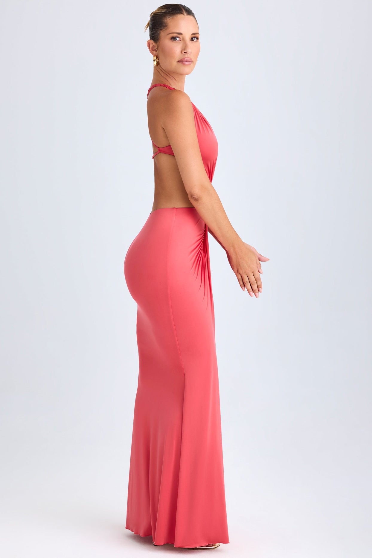 Omarosa Hardware Detail Cut-Out Halterneck Maxi Dress in Coral | Oh Polly Omarosa Hardware Detail Cut-Out Halterneck Maxi Dress in Coral | Oh Polly