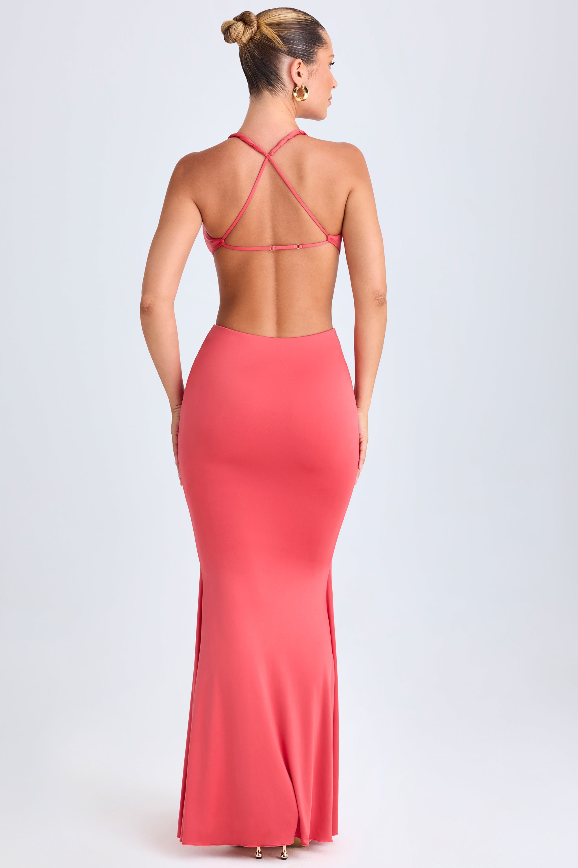 Omarosa Hardware Detail Cut-Out Halterneck Maxi Dress in Coral