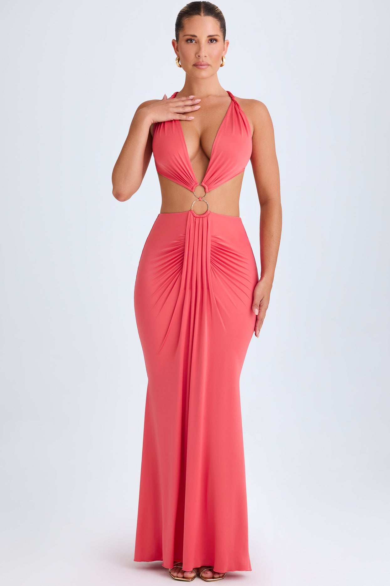 Omarosa Hardware Detail Cut-Out Halterneck Maxi Dress in Coral | Oh Polly Omarosa Hardware Detail Cut-Out Halterneck Maxi Dress in Coral | Oh Polly