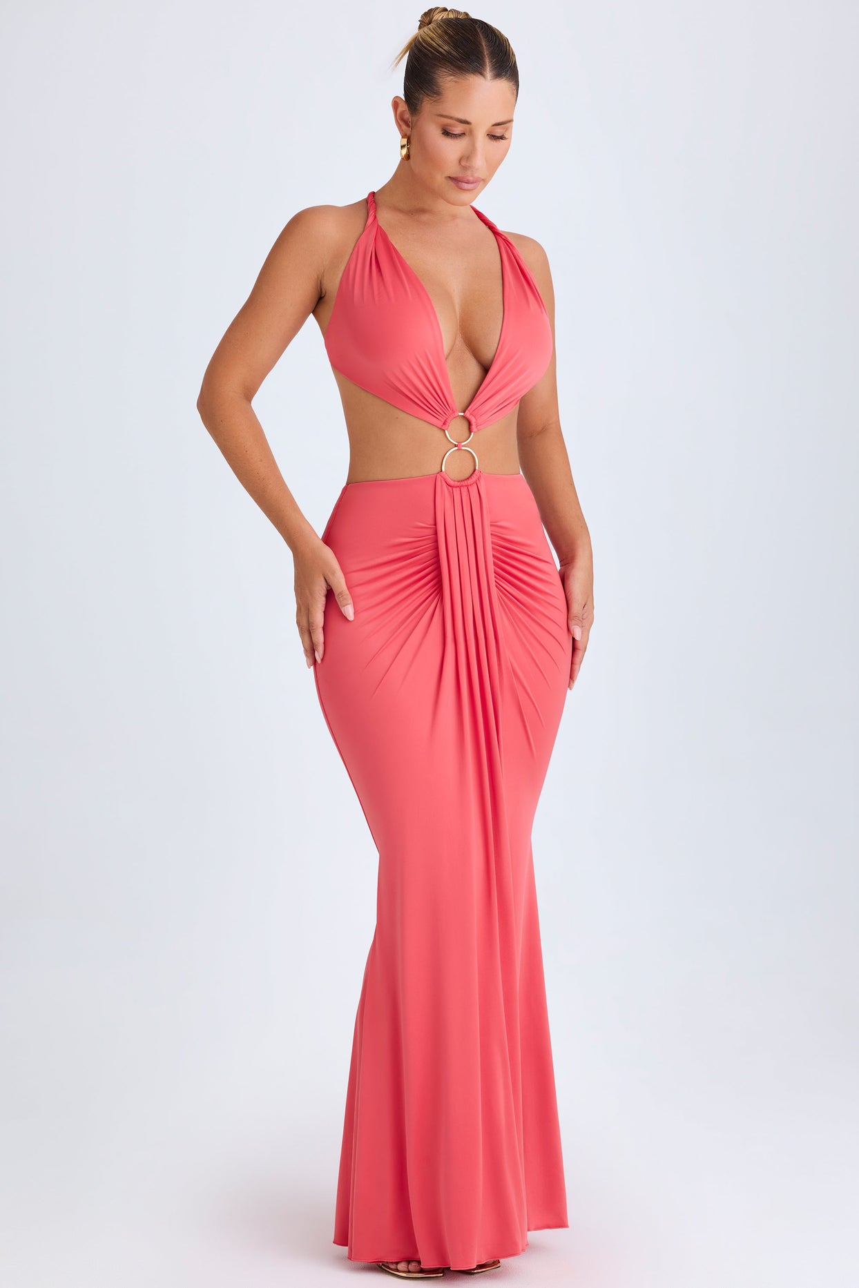 Omarosa Hardware Detail Cut-Out Halterneck Maxi Dress in Coral | Oh Polly Omarosa Hardware Detail Cut-Out Halterneck Maxi Dress in Coral | Oh Polly
