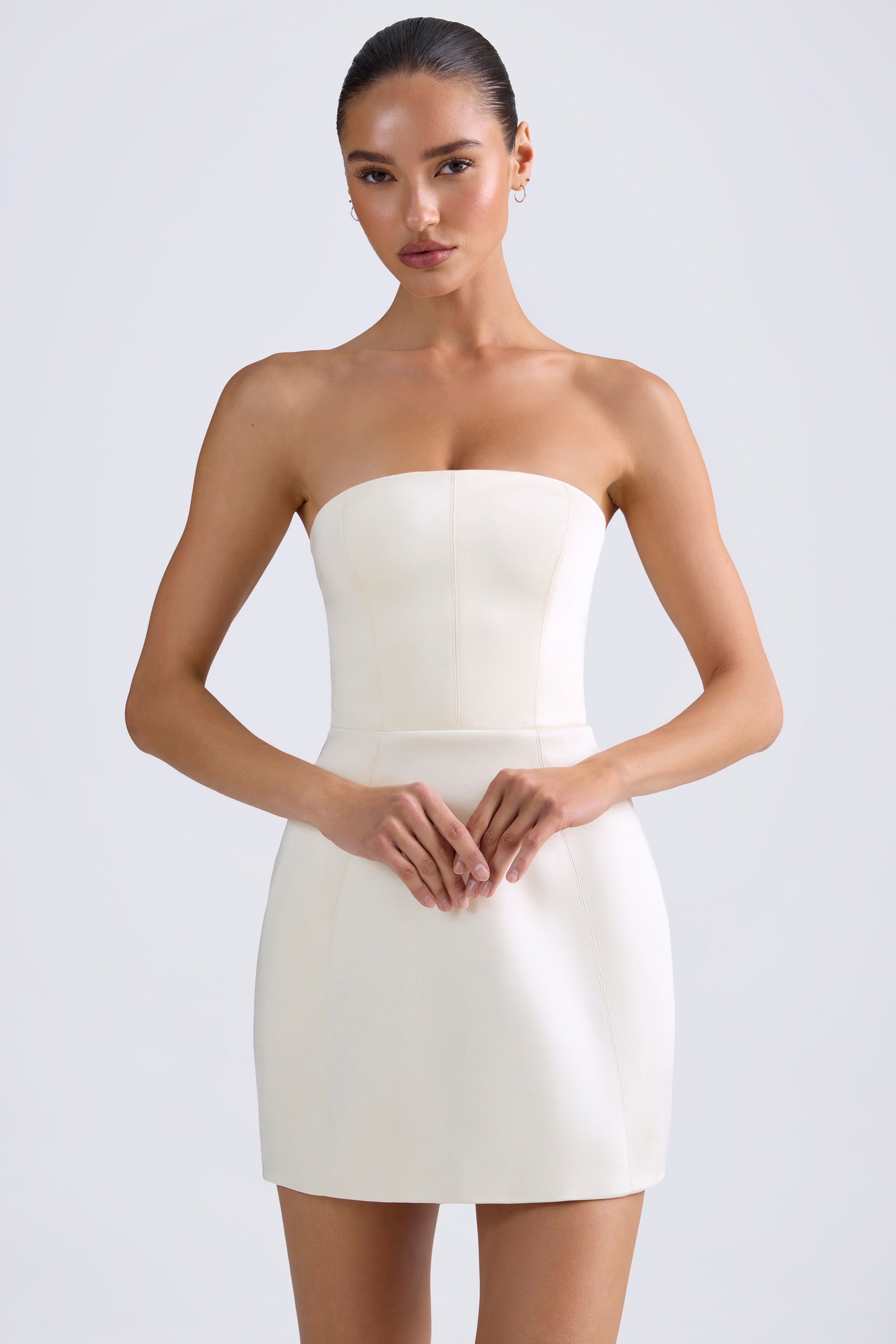 Haisley Bandeau Structured Tulip Mini Dress in Ivory | Oh Polly