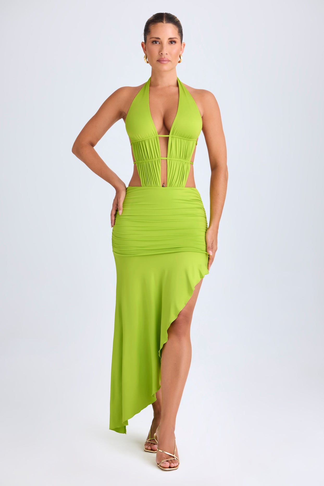 Manami Asymmetric Cut-Out Halterneck Midaxi Dress in Lime Green | Oh Polly Manami Asymmetric Cut-Out Halterneck Midaxi Dress in Lime Green | Oh Polly
