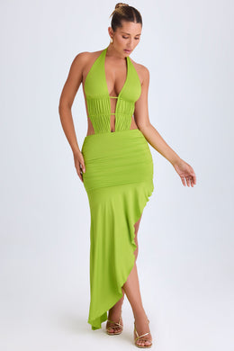 Asymmetric Cut-Out Halterneck Midaxi Dress in Lime Green
