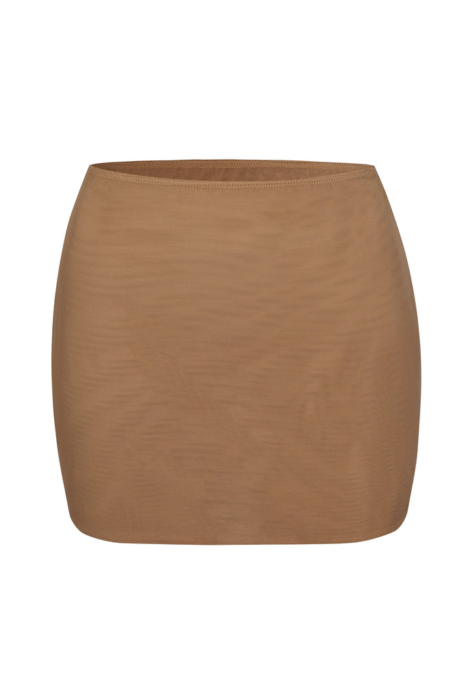 Soft Mesh Low-Rise Micro Mini Slip Skirt in Almond
