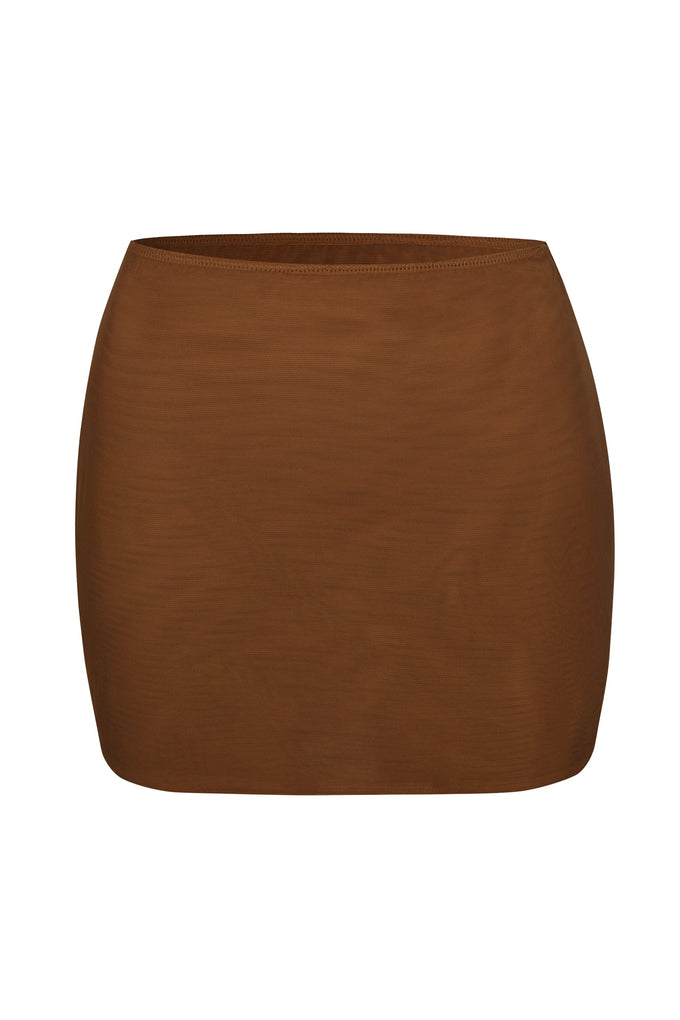 Soft Mesh Low-Rise Micro Mini Slip Skirt in Chestnut