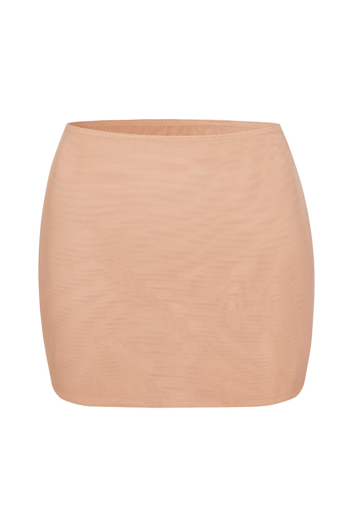 Soft Mesh Low-Rise Micro Mini Slip Skirt in Warm Peach