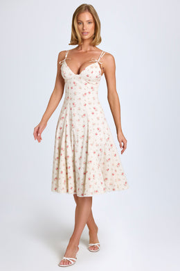 Bow-Detail Lace-Trim A-Line Midi Dress in Small Rose Print