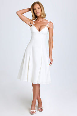 Bow-Detail Lace-Trim A-Line Midi Dress in White