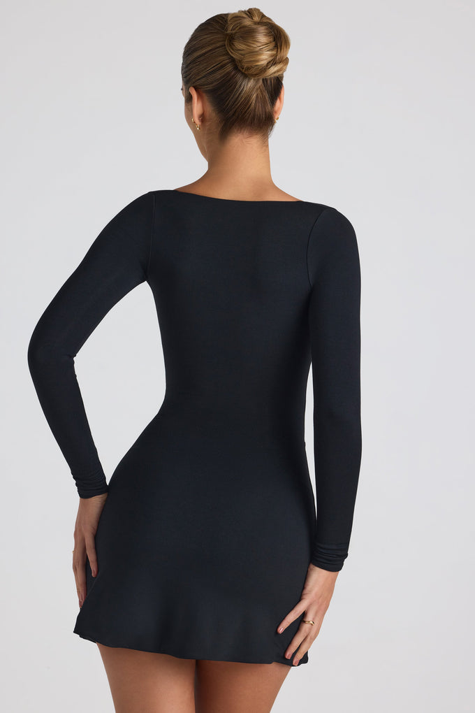 Modal Bow-Detail Sweetheart-Neck A-Line Mini Dress in Black