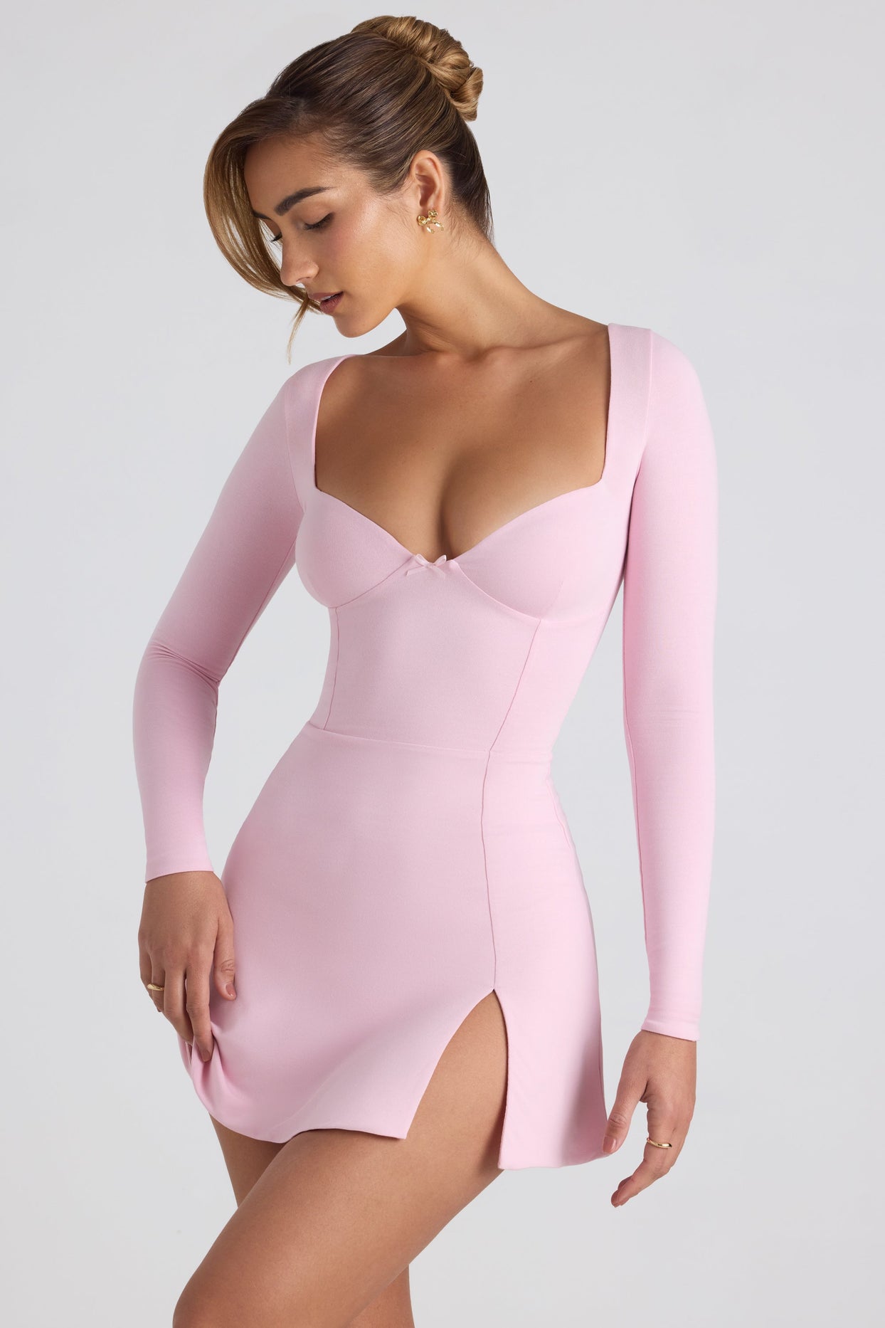 Modal Bow-Embellished Sweetheart-Neck A-Line Mini Dress in Soft Pink