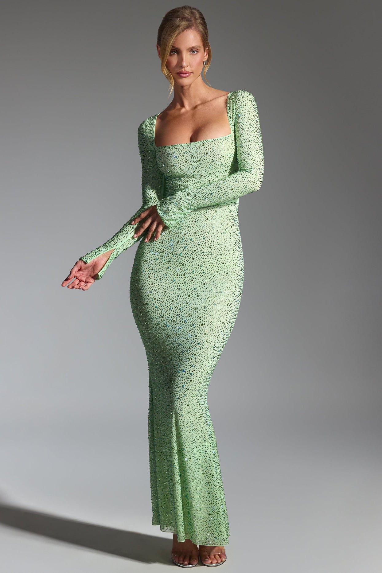 Embellished Fishtail Maxi Dress in Pistachio