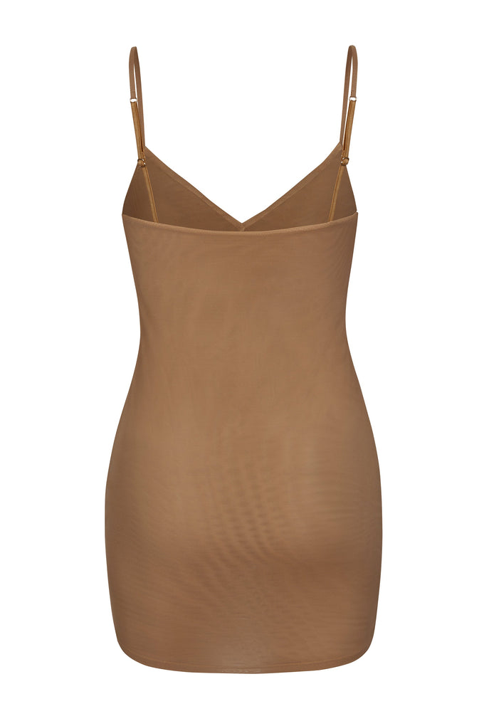 Soft Mesh V-Neck Mini Slip Dress in Almond
