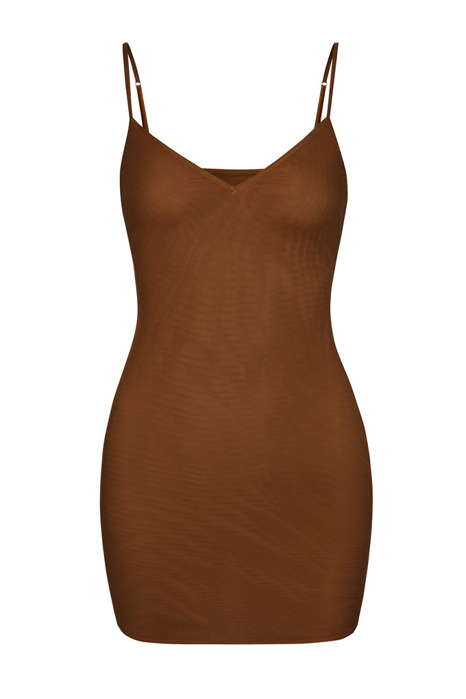 Soft Mesh V-Neck Mini Slip Dress in Chestnut