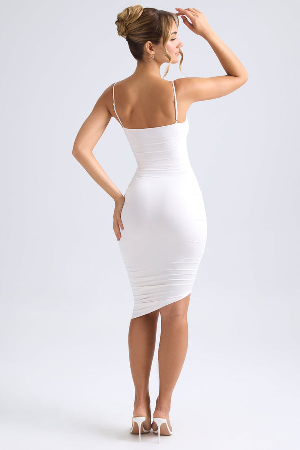 Asymmetric Ruched Midi Dress in Ivory - 2
