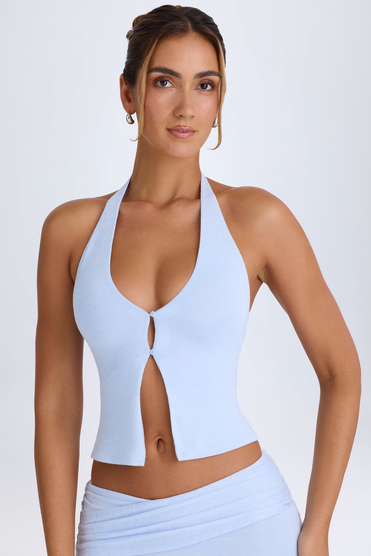 Open-Front Halterneck Top in Periwinkle Blue