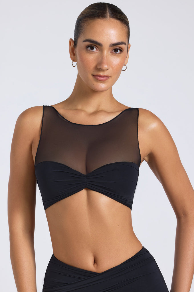 Sheer Panelled Ruched Crop Top in Black