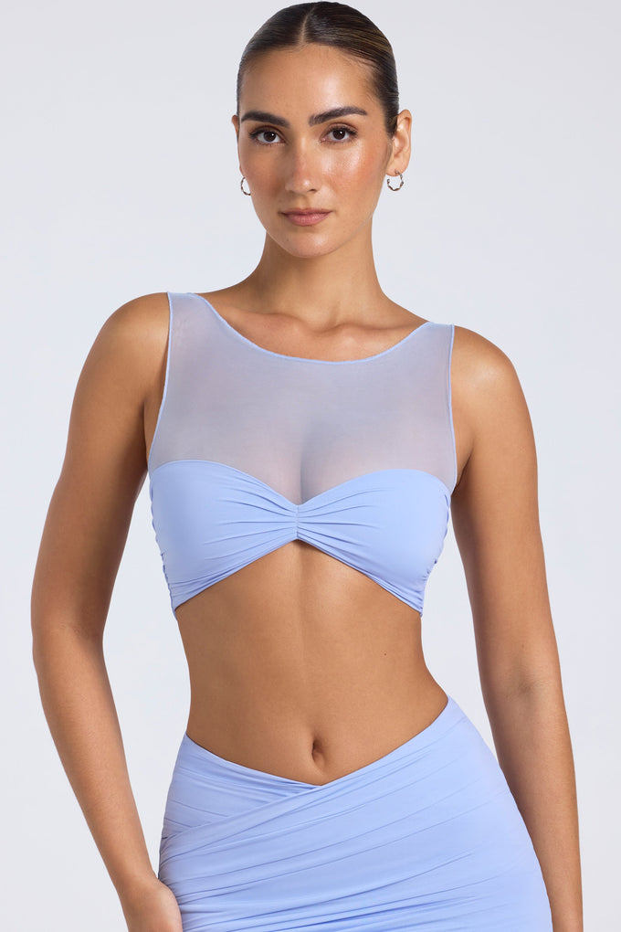 Sheer Panelled Ruched Crop Top in Periwinkle Blue