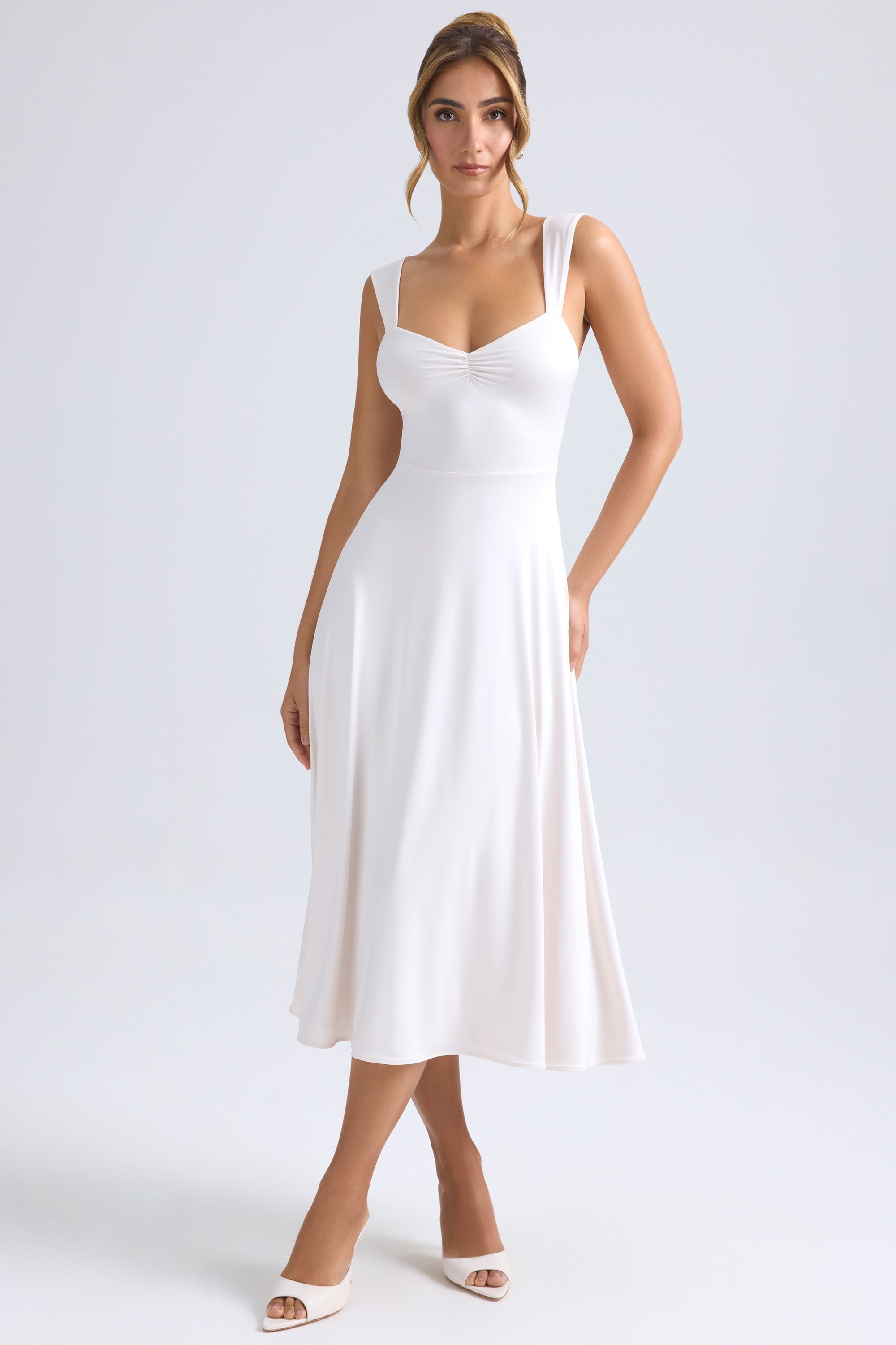 Thandie Sweetheart-Neck Ruched Midaxi Dress in Ivory | Oh Polly