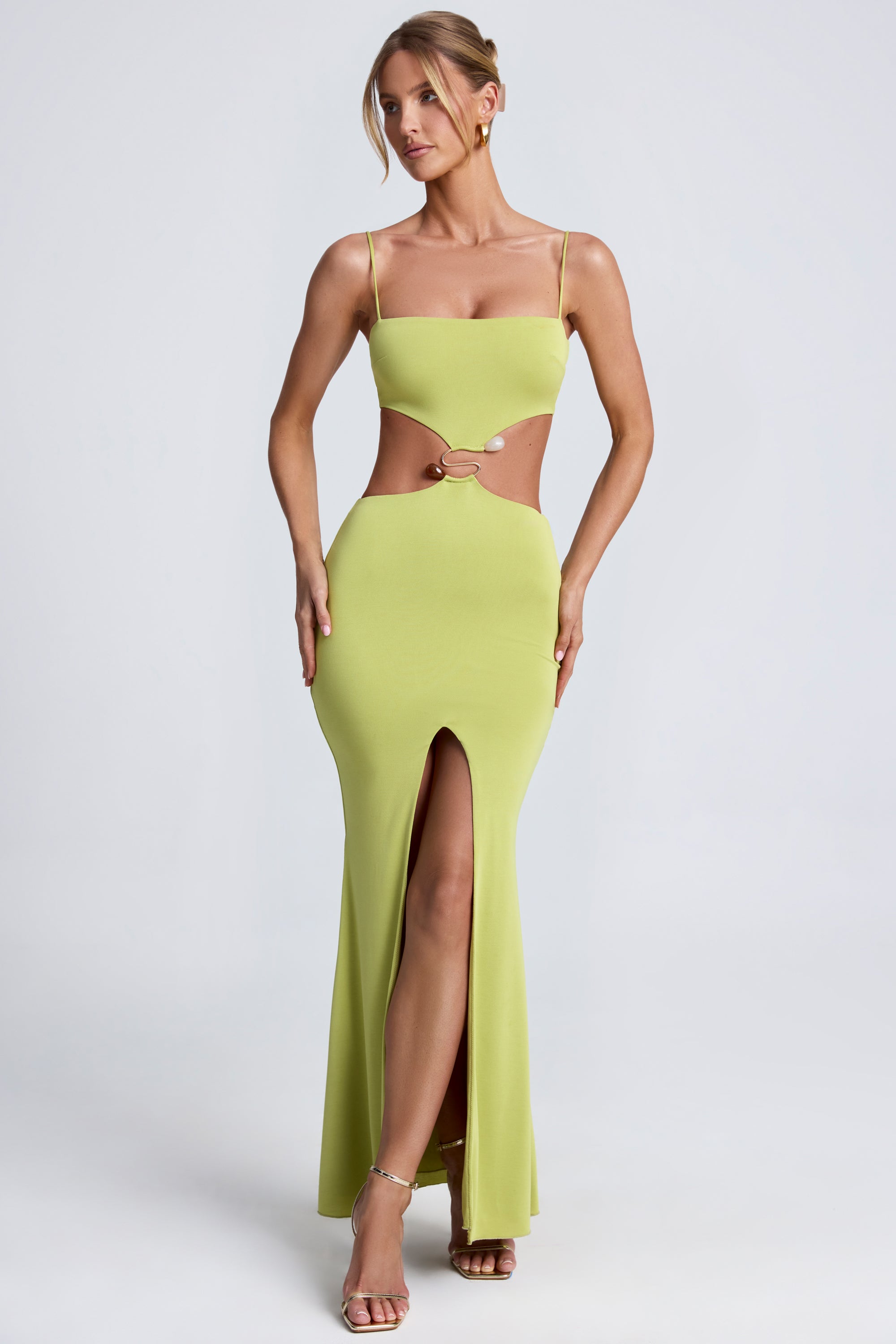 Julitta Hardware Detail Cut-Out Maxi Dress in Olive Green | Oh Polly